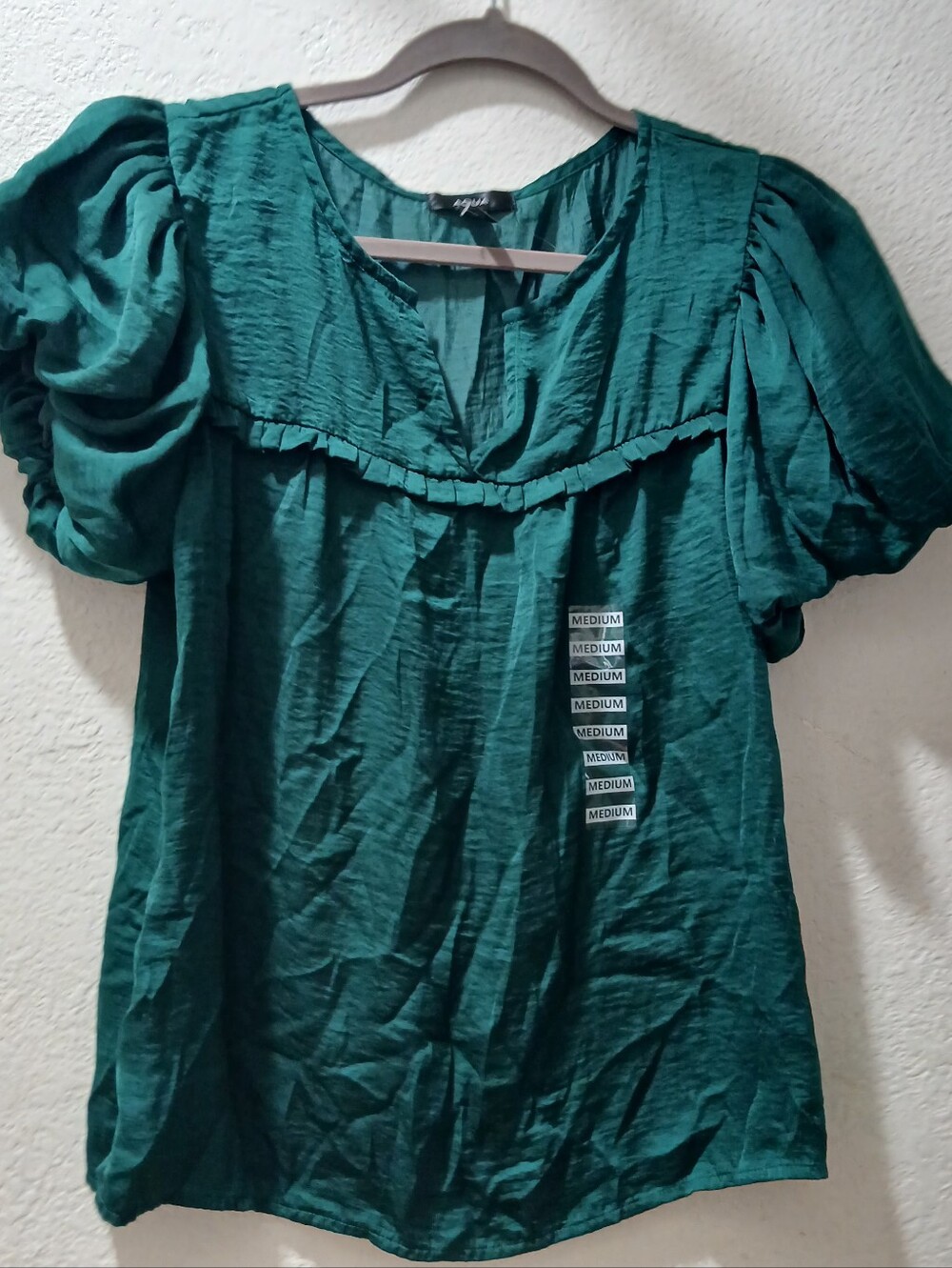 Aqua Nwot size M Emerald Puff-Sleeve Ruffle Yoke Blouse
